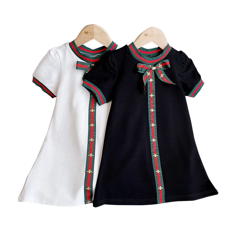 

2022 Summer New Style Fragrance Round Neck Girls' Dress with Bowknot, Black dot