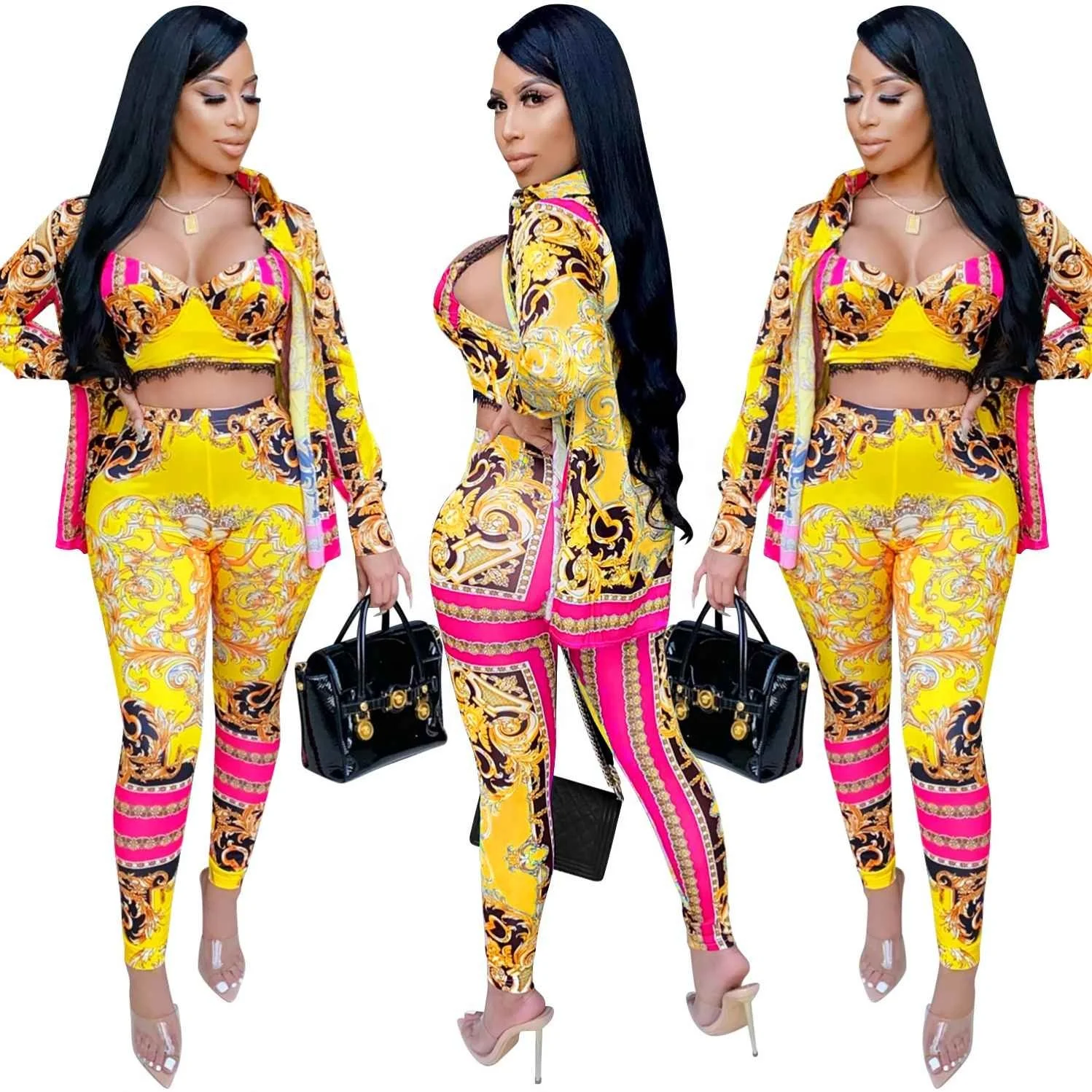

New Arrival Boutique High Quality Print Women Clothing Fall Fashion Sweatsuit Outfits 3 Piece New Product Ideas 2021, As picture or customized make