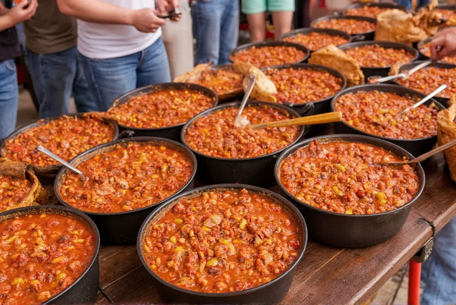 Texas chili cook-off competition with multiple pots, traditional preparation methods, chili con carne