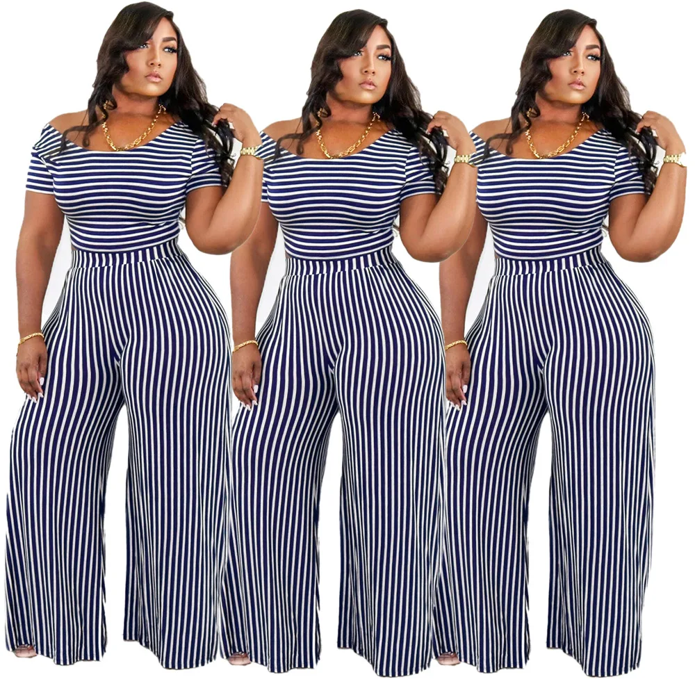 

Wholesales High Quality Tshirt Stripe Flared Pants Streetwear 2020 Clothing Women Plus SizeTwo Piece Set, As picture shown