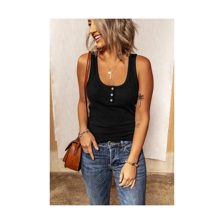 

2021 Fashion Women Casual Solid Color Button Thread Tank Tops Vest, Black green, gray, khaki white, wine red