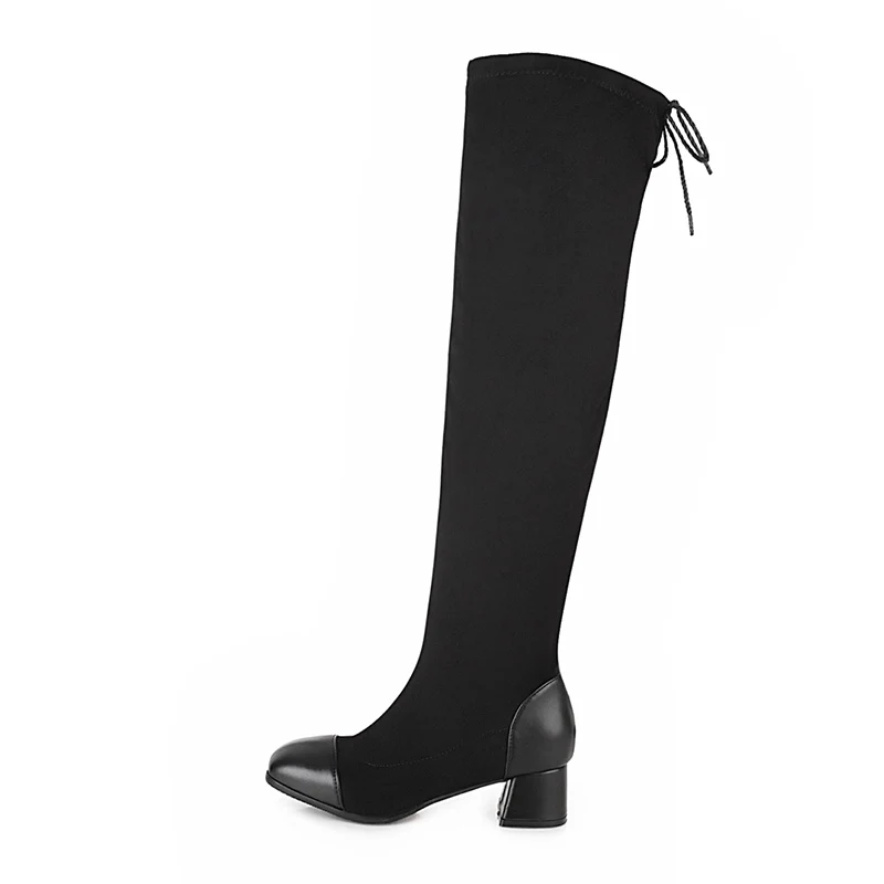 

Square Head Black Color Patchwork Leather Back Lace up Thick Heel Knee High Boots New Style
