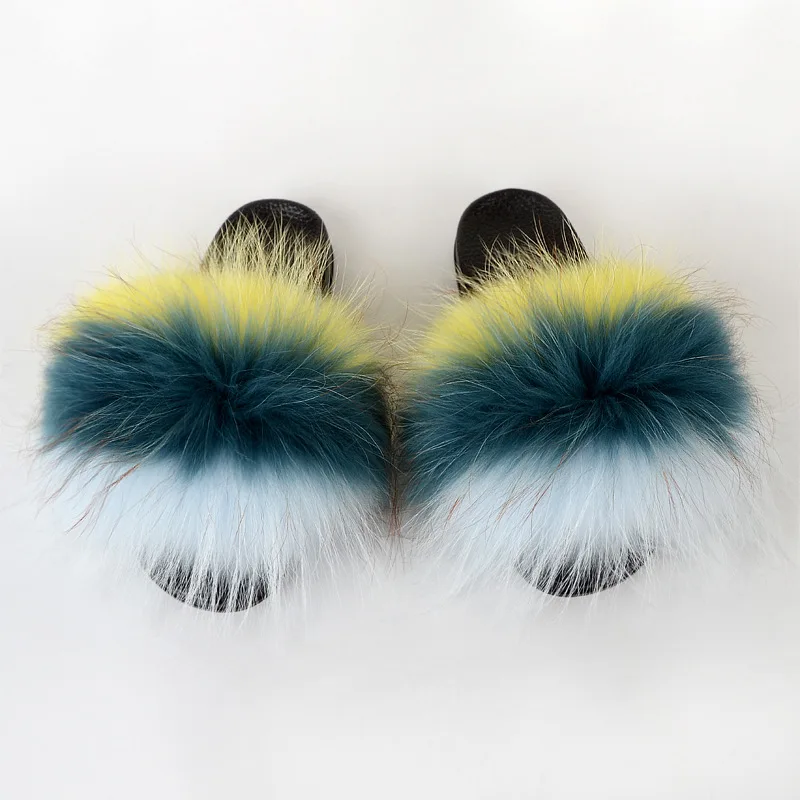 

Hot selling in 2021 fur slides raccoon racoon slide vendor custom logo fluffy real slipper, Customized color