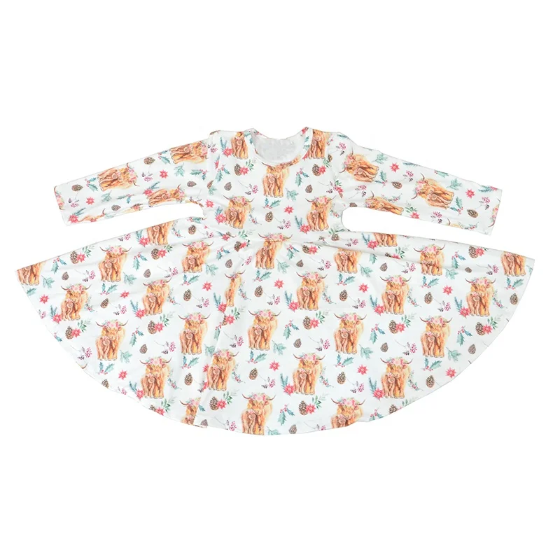

New fashion girl's twirl dress cow printed Baby Long Sleeve boutique Baby Dress, Picture shows