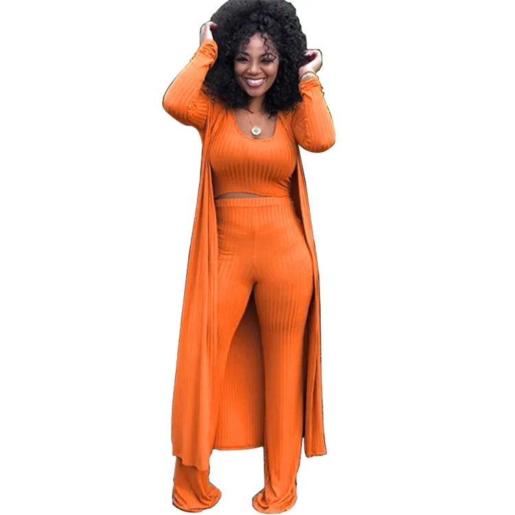 

2021 fashion solid color female casual streetwear 3 pieces knitted spandex comfy smart tracksuit set outfit for women ladies