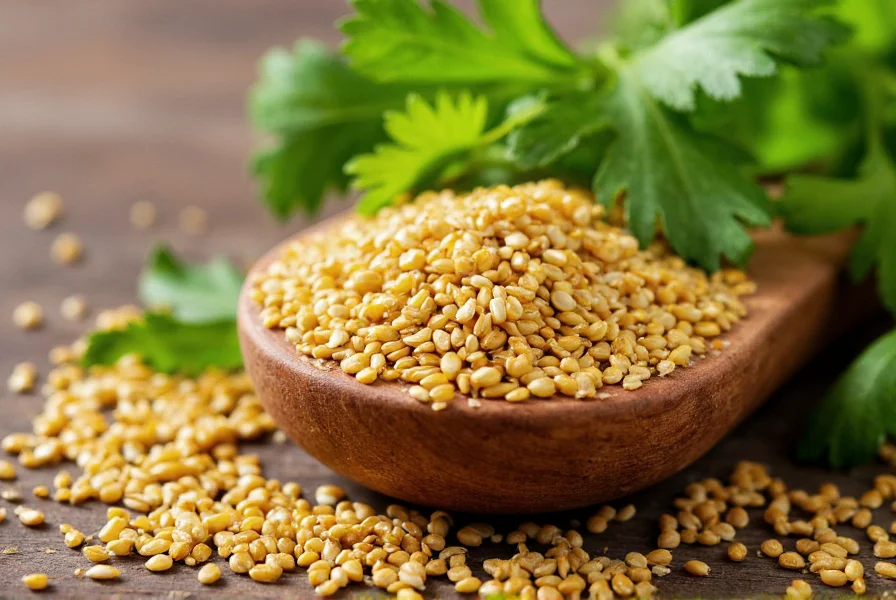 Close-up of golden coriander seeds on wooden spoon with fresh herbs