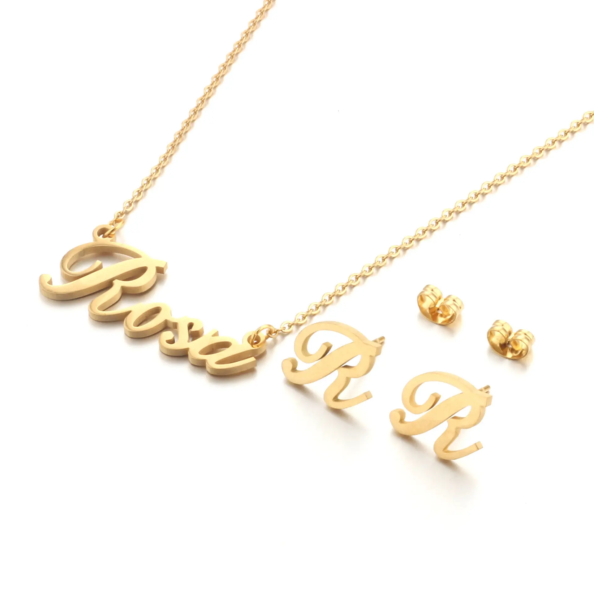 

Newest Arrival 14k Gold Plated Titanium Steel ROSIA Necklace Set 316L Stainless Steel Custom Name Necklace Set