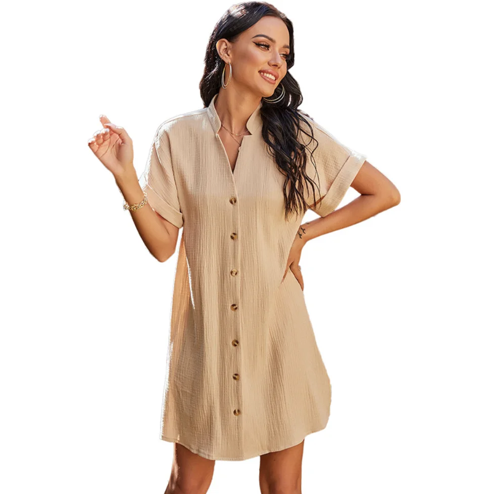 

Spring's new solid-color loose V-neck casual single-breasted dresses, Customized color