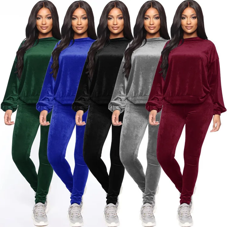 

Autumn and Winter new style solid color long sleeve sweater and pant velvet tracksuits