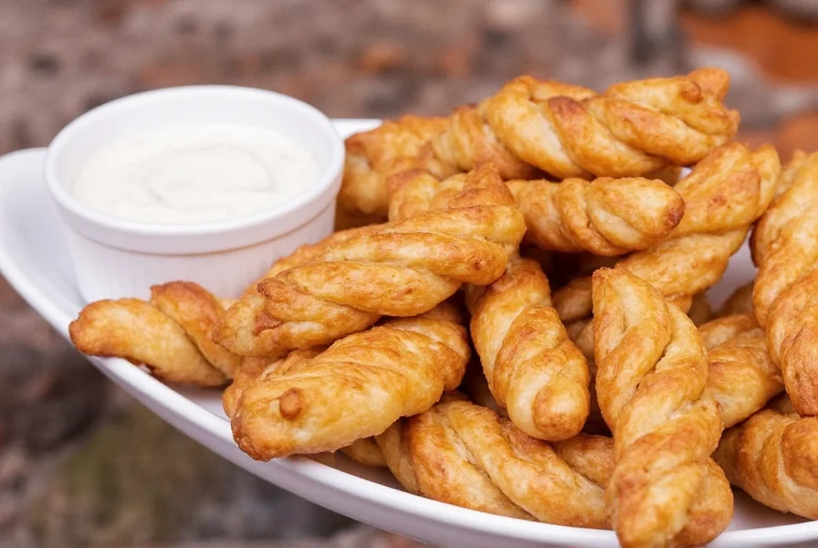 Finished homemade Taco Bell cinnamon twists served on plate with dipping sauce