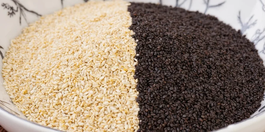 Close-up comparison of white and black sesame seeds