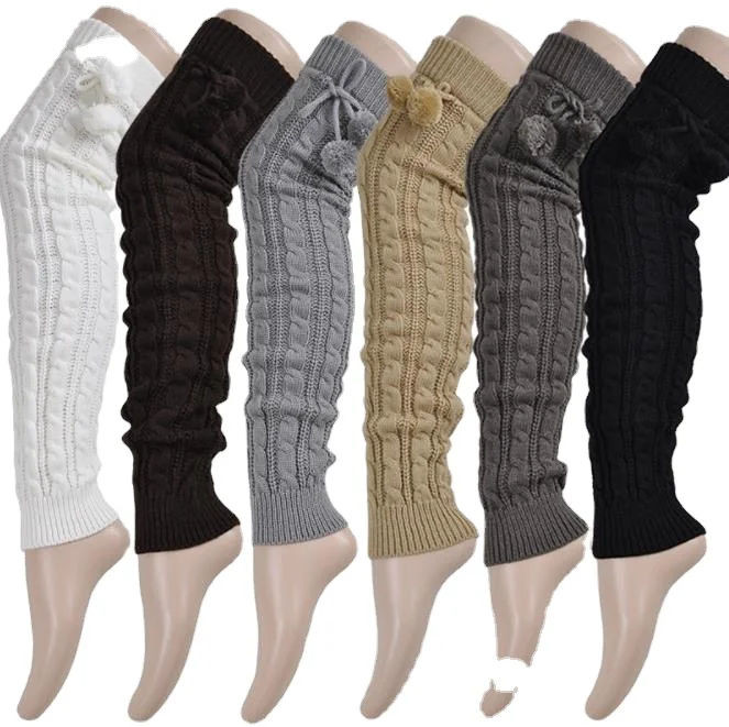 

In Stock Fashion Women Cable Knitted Extra Long Thigh High Leg Warmer with strip, 6 colors