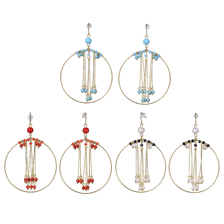 

Bohemia jewelry round shape Natural pearl red coral stone blue turquoise pendant earrings tassel gold-plated earrings for women, 3 colors