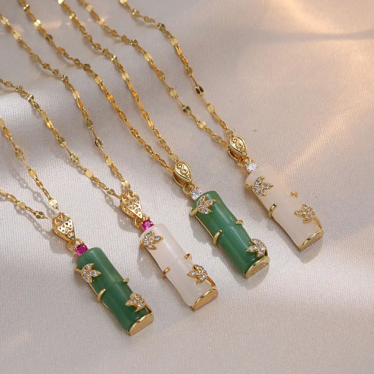 

Gold Plated Stainless Steel Water Wave Chain Necklace Career Wealth Rising White Green Jade Bamboo Pendant Necklace for Women