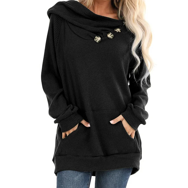 

2021 Black Waffle Knit With Asymmetrical Button Detail Hoodie Women Tops, As shown