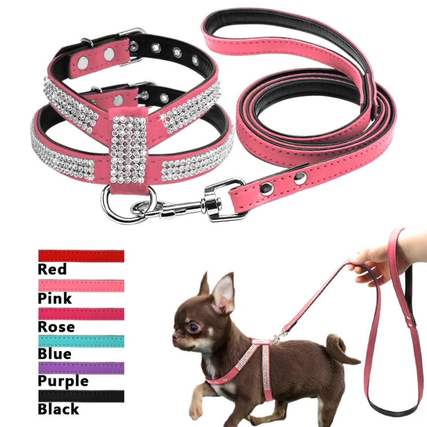 

Fashion Rhinestone Adjustable PU Leather Quick Release Dog Harness Collar and Leash, Customized color