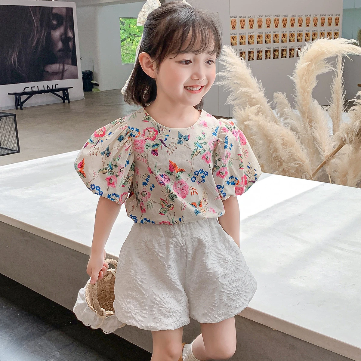 

Summer Kids Clothes For Girls Floral Print Top And White Shorts Two-pieces Sets Kids Garment Suit, As picture