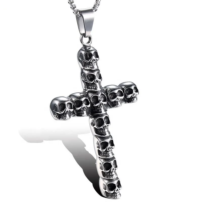 

High Quality Hot Selling Fashion Trend Religious Pendant 316L Stainless Steel Hip Hop Cross Skull Pendant Necklace, Silver