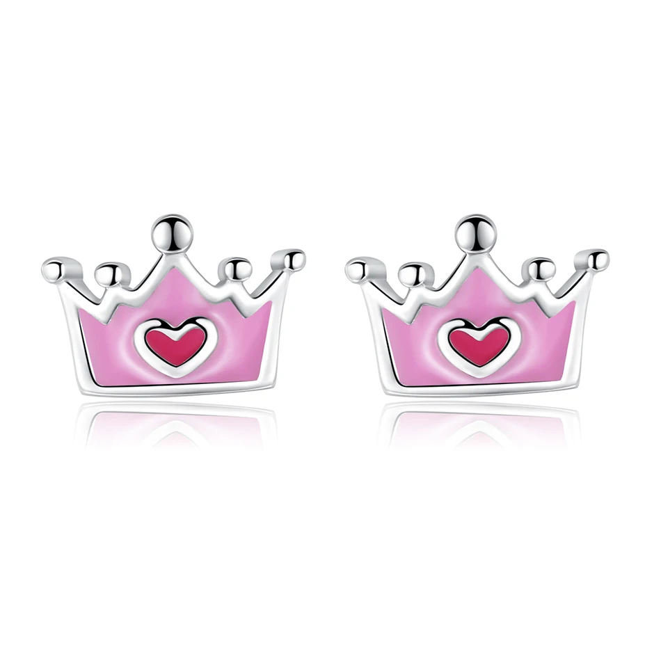 

Lovely Style 925 Sterling silver Pink Princess crown Earrings Enamel Stud Earrings For Women Girls