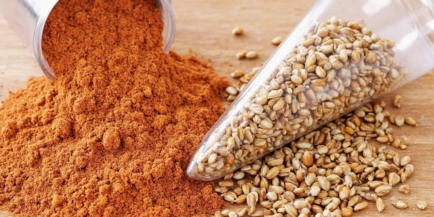 Side-by-side photo showing nutmeg seeds and the red mace arils around them