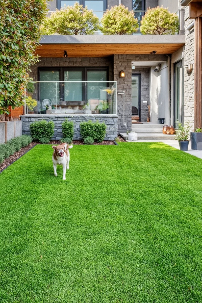 Family playing with two dogs on an artificial lawn, surrounded by colorful flowers and a neat fence
