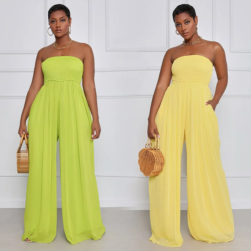

European and American spring and summer new women's sexy casual loose solid color jumpsuit, Blue,green,white,yellow or customized