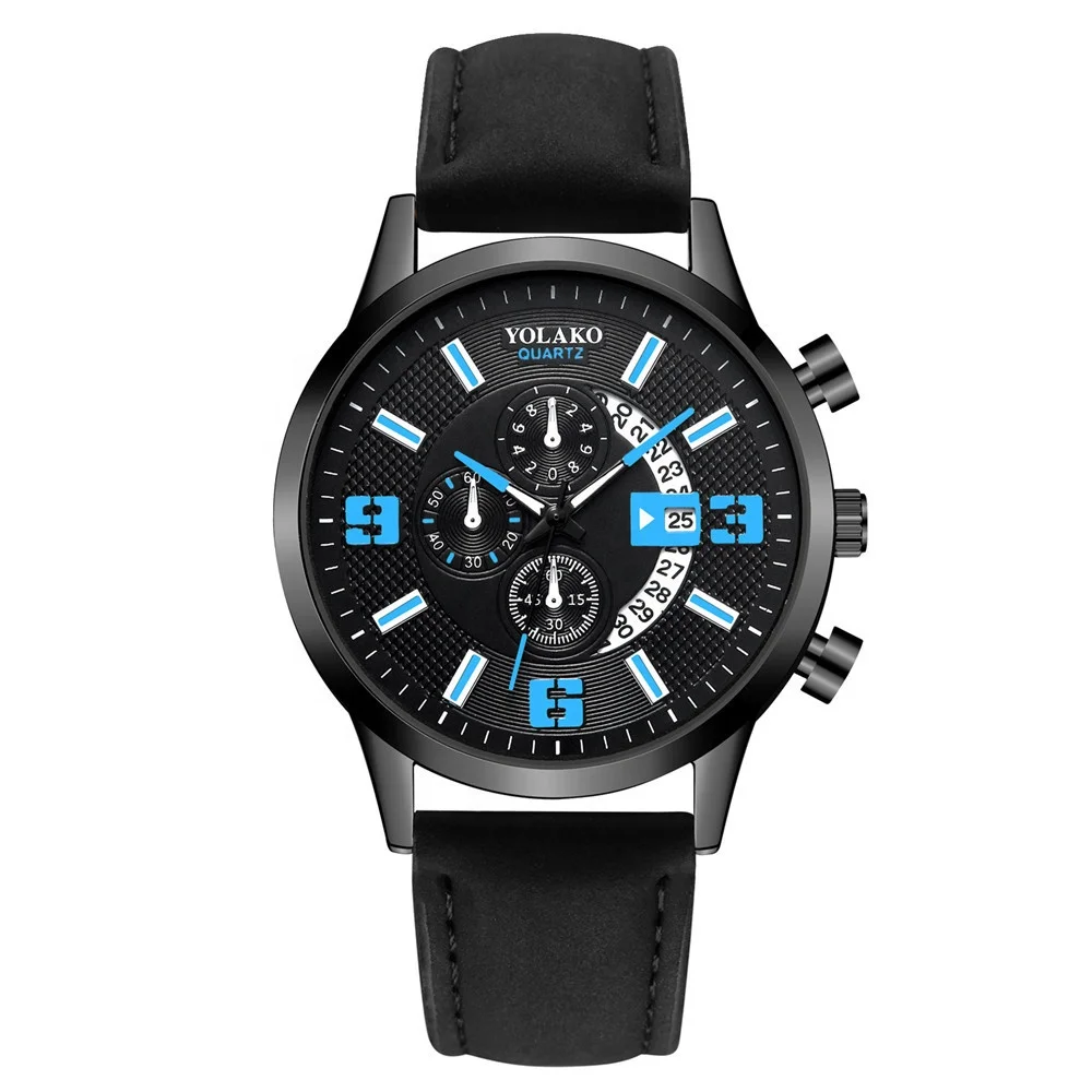 

Hot LW611 Brand YOLAKO Three Eyes Men Watch Leather Black Band Calendar Casual Men's Hand Watches