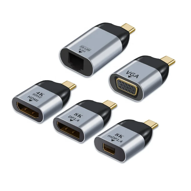 

UHD 8K Type-C to HDMI-compatible/VGA/DP/RJ45/Mini DP Video Converter 4K 60Hz USB Type C Adapter For Samsung Huawei MacBook, Black grey