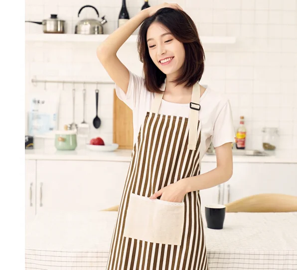 

custom logo cotton linen Apron with a pocket kitchen striped adjustable kitchen apron set, Choose