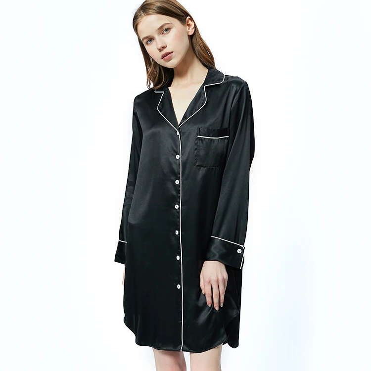 

BOOOG HEFT Luxury Long Sleeves V-neck Buttons Nightgown Black Sleep Home Robe Women 100% Silk Pyjamas