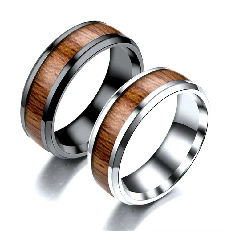 

Hot Selling Stainless Steel Couple Inlaid Wood Rings Vintage Creative Personality Titanium Wood Ring, Picture