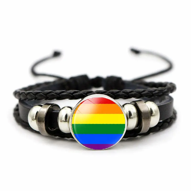 

Rainbow Stripe Pattern PU Leather Bracelet Time Gem Bracelet Personality LGBT Bracelet for Men Women, Picture shows