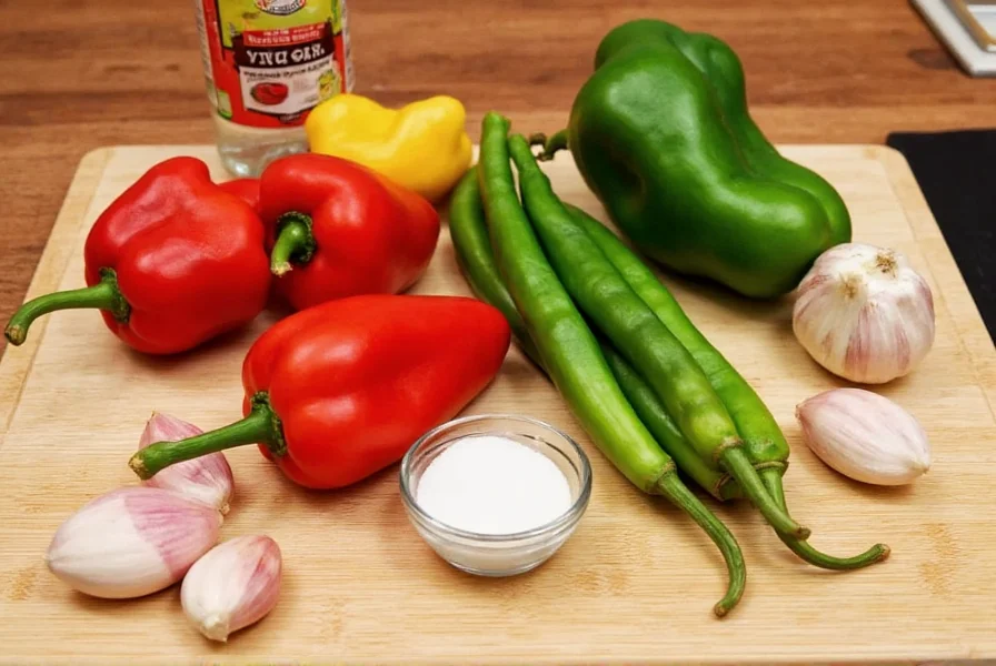 Fresh red and green peppers, garlic cloves, vinegar bottle, and salt arranged on wooden cutting board for homemade pepper sauce recipe