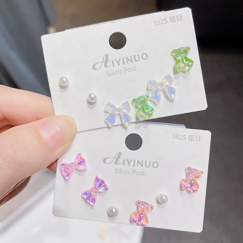 

New Style S925 Sterling Silver Needle Cute Laser Bear Earrings Gradient Butterfly 3pairs Set Earrings For Girl, Muliticolor