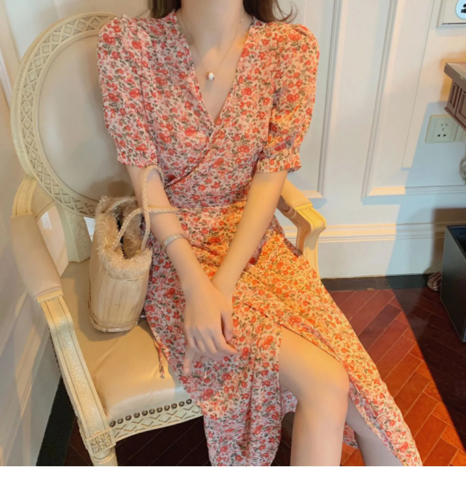 

2021 vintage Floral Printing Chiffon Dress Summer Women Short Sleeved Dress Retro Collar Casual Slim Dresses