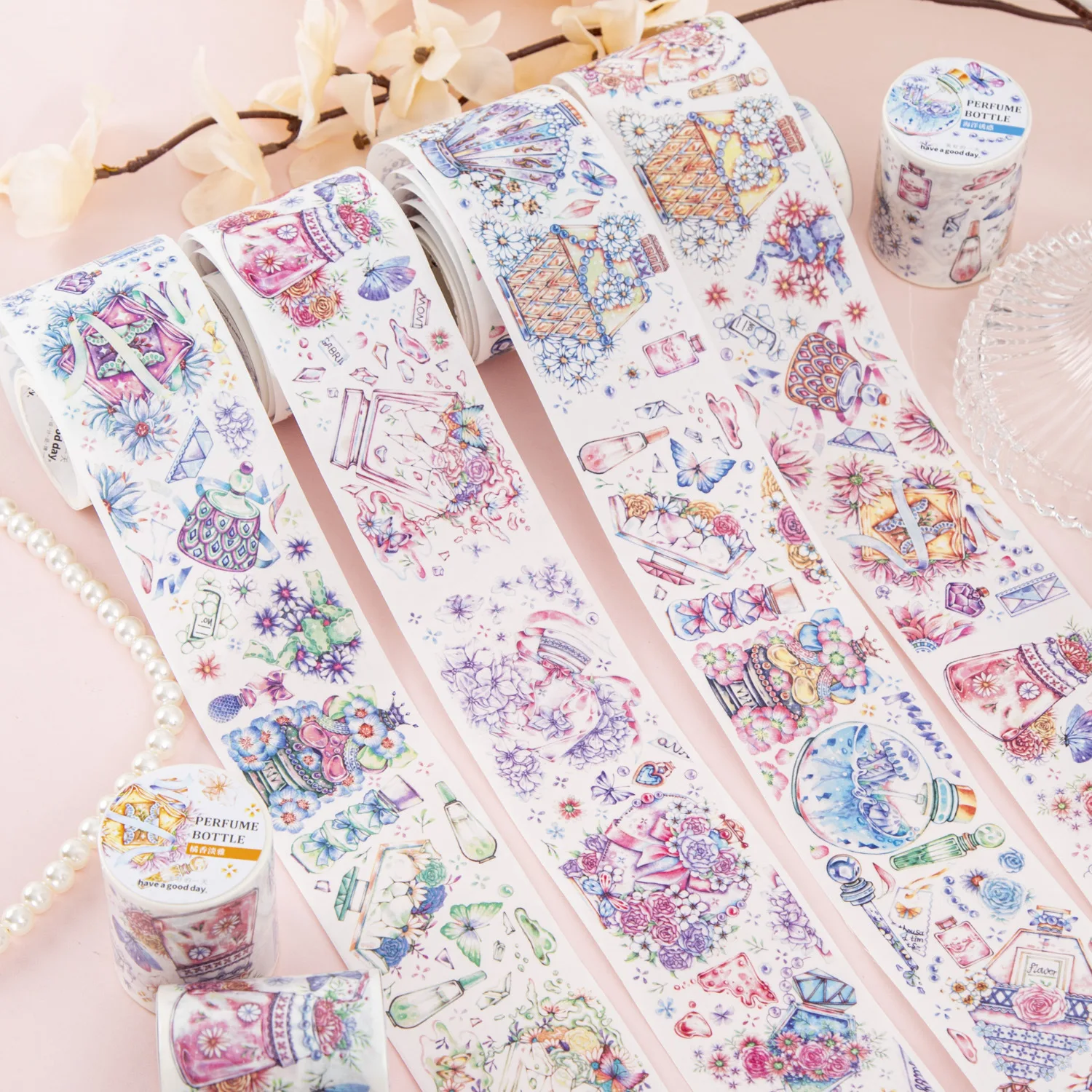 

2M/Roll Paper Adhesive Tape Perfume Glass Series Exquisite Journal Decorative Source Material Loop Stickers 4 Choices