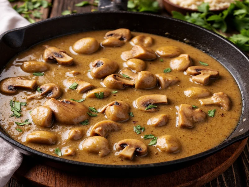 Mushroom gravy simmering in cast iron skillet with fresh herbs