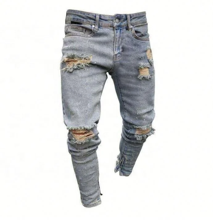 

Voogue Man Slim Ripped Hold Jeans Vintage Zippered Pants