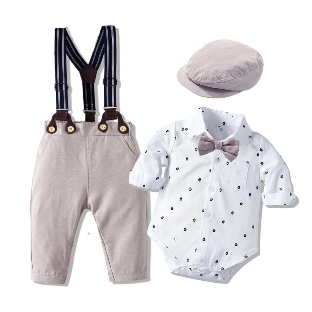 

Baby Boy Romper Clothing Set Handsome Bow Suit Newborn 1th Birthday Gift Hat Printed Rompers Belt Infant Children Outfit Clothes, As pic shows, we can according to your request also