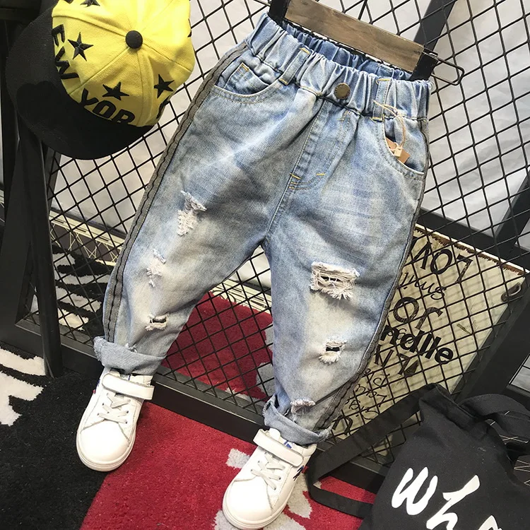 Vintage Hole Children Cowboy Trouser Fashion Fold Baby Boys Jeans Spring High-end Breathable Cotton Kids Boys Ripped Denim Pants