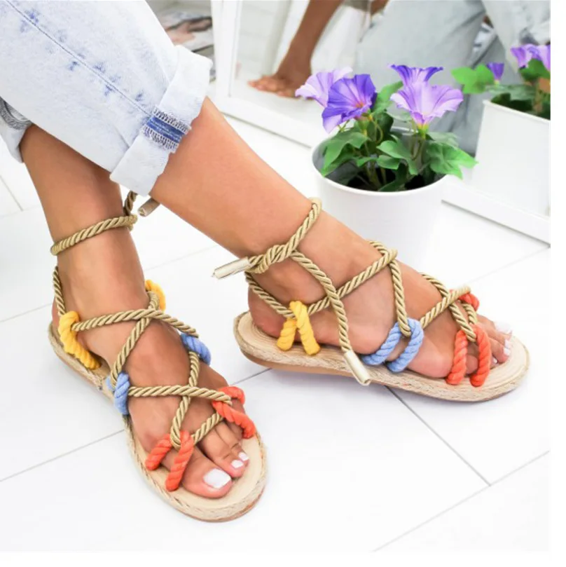 

2021 best selling new summer flat shoes casual hemp plus-size rubber rope gladiator women strap sandals