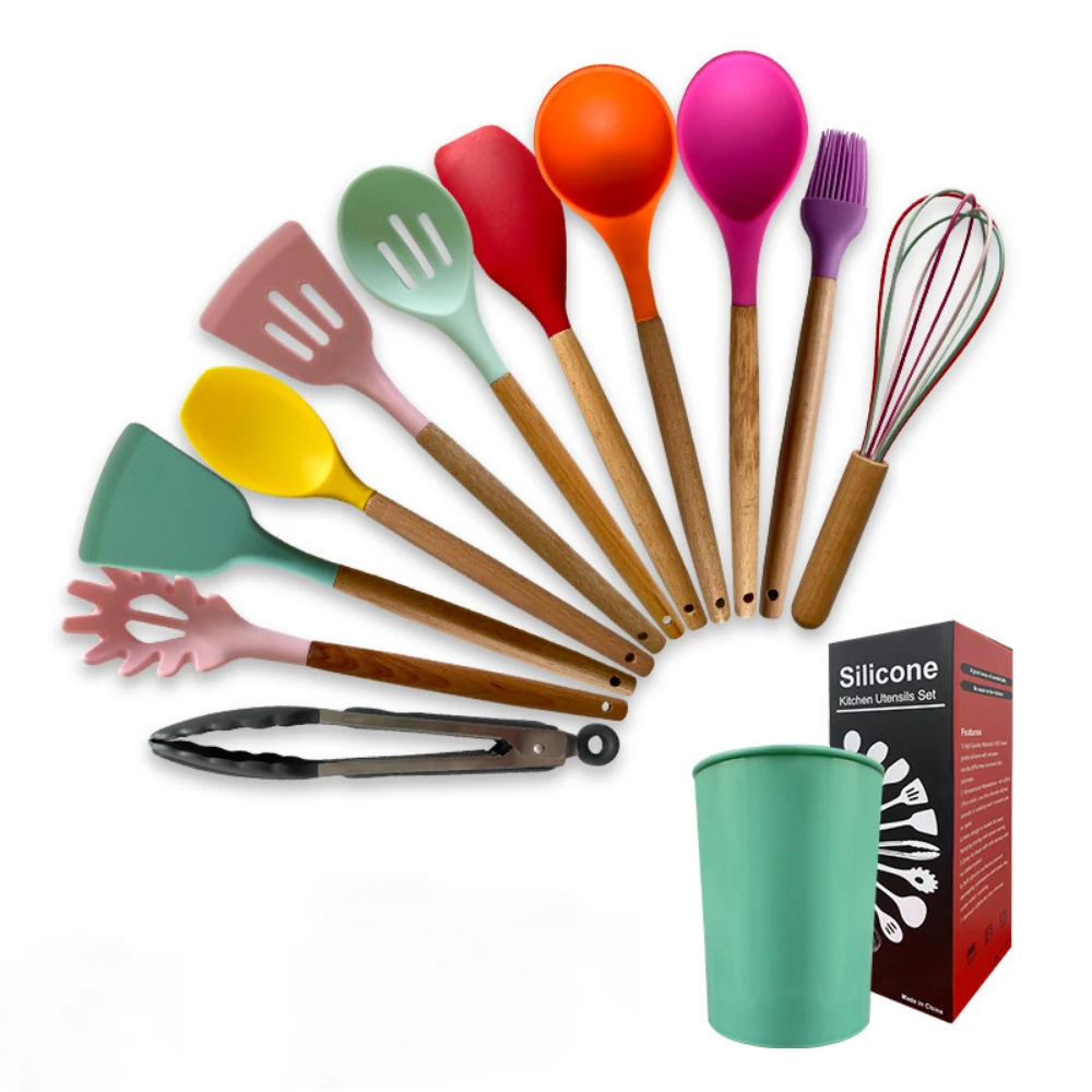 

US Wholesale Utensils High Quality 12 Pieces in 1 Set Silicone Kitchen Cooking Tools Nylon Utensil Sets with Handle Kitchenware