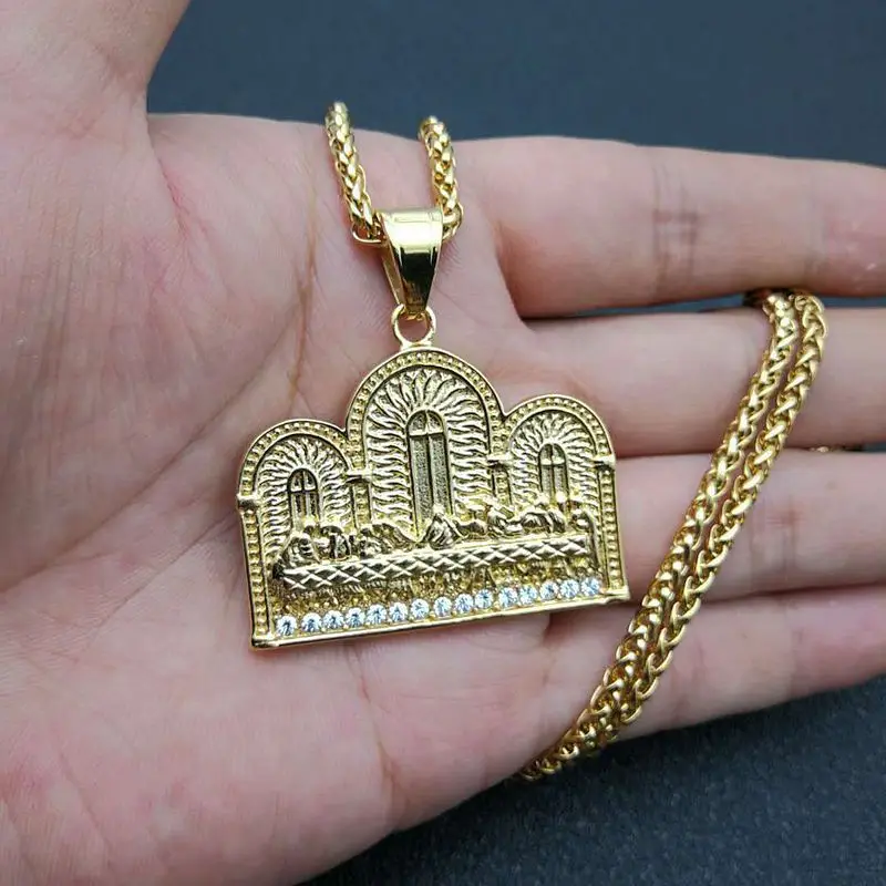 

2021 new hip-hop stainless steel 18K gold plated micro-diamond set Catholic 13 Apostles Last Supper pendant necklace