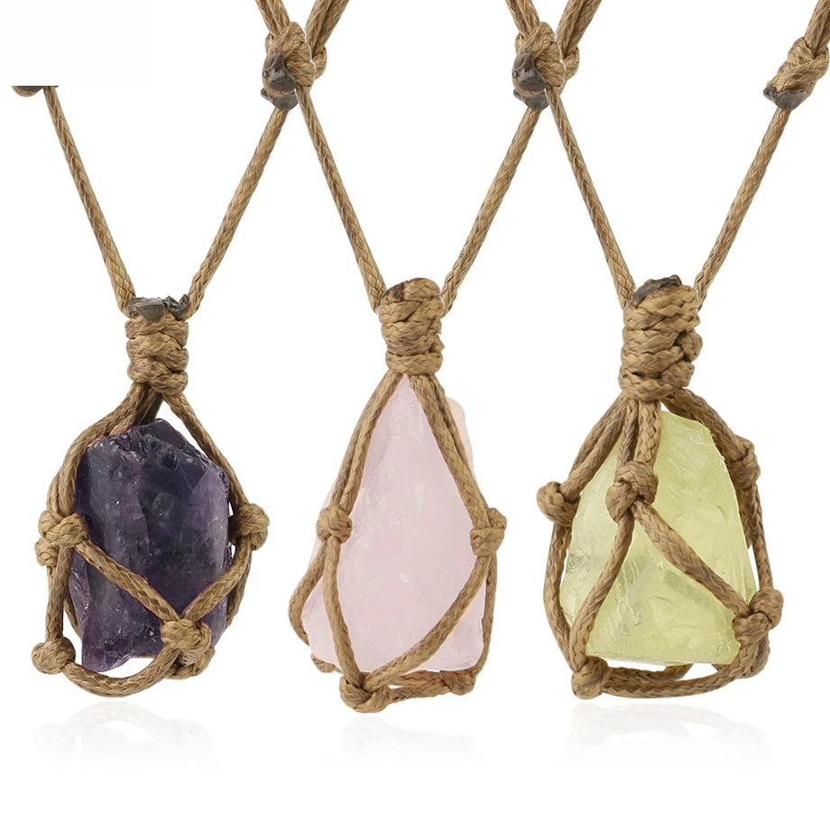 

Natural Stone Rope Wrap Necklace Irregular Crystal Quartz Healing Pendant Necklaces Adjustable Women Vintage Jewelry, Gold,silver