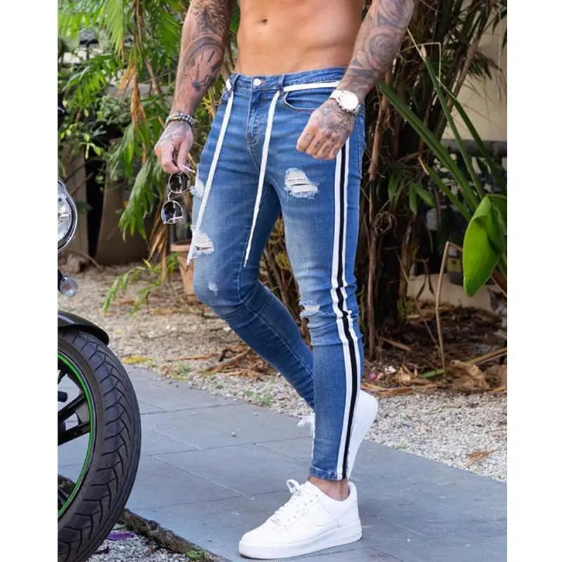 

Men Jean Fashion Side Striped Men's Jeans Skinny Distressed Ripped Stacked Denim Trousers Pants