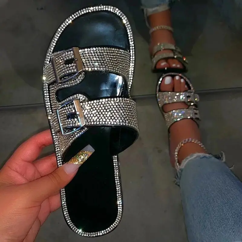 

Large size soft bottom rhinestone slippers women jelly buckle beach sandals and slippers, Different colors and support to customized