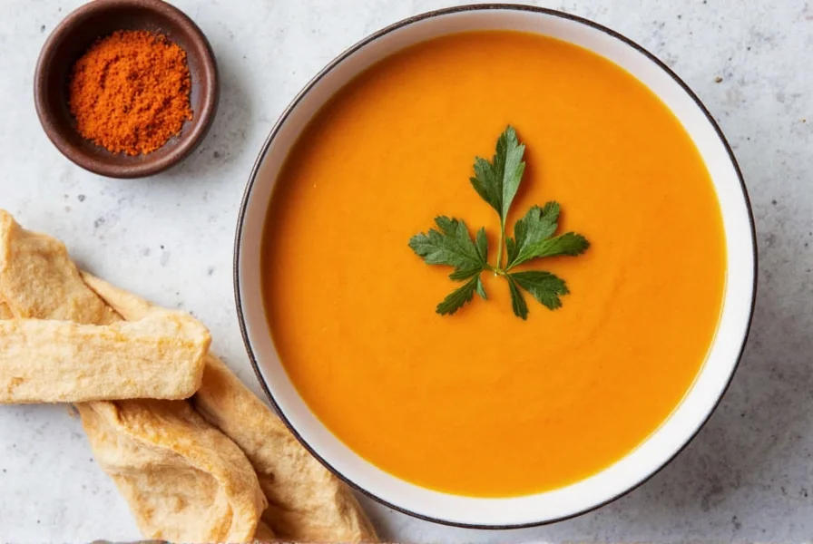 Creamy orange carrot ginger soup in white bowl with fresh herbs garnish
