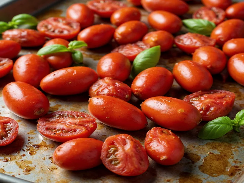 Roasted tomatoes on baking sheet with fresh basil