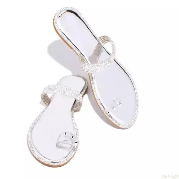 

210505-7 35-43 Toe covering rhinestone foreign trade large size flat bottom slippers women's colorful sandals