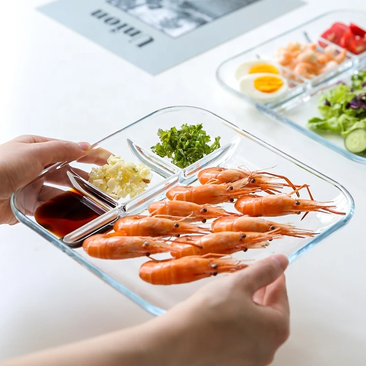 

Glass Square Dish Divided Food Plate Restaurant supply 4 Compartment Glass Chip & Dip Serving Dish, Nature